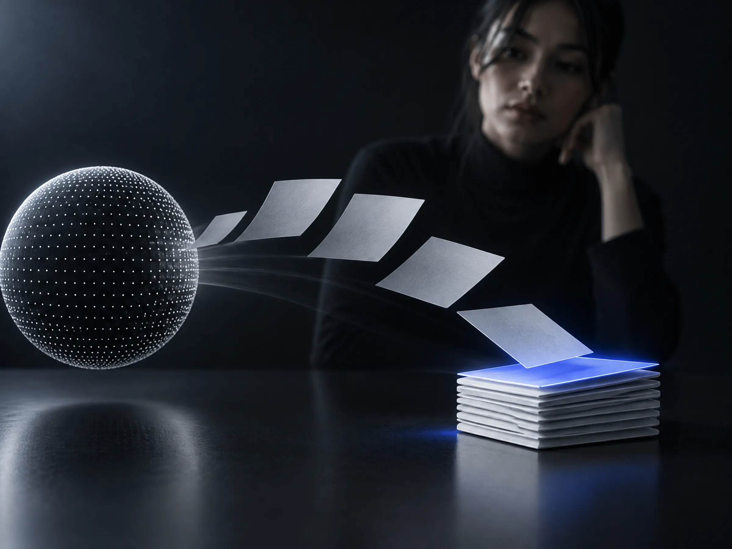 Abstract cards of drafts assembling from a glowing sphere