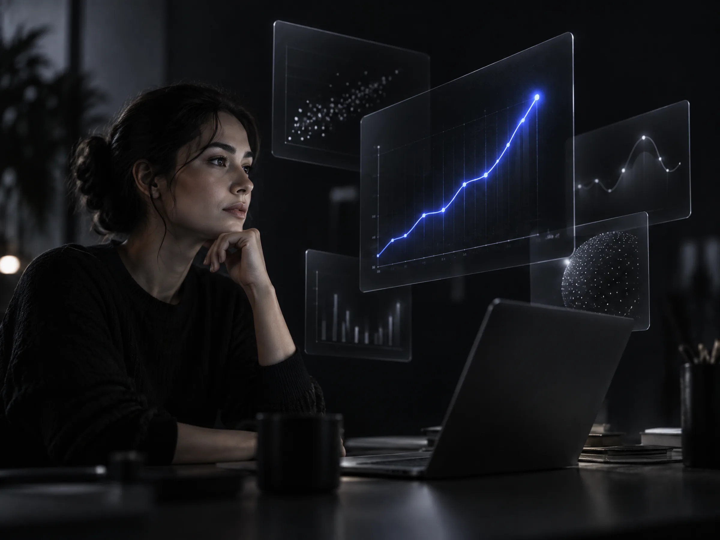 Abstract analytics panels floating in the dark